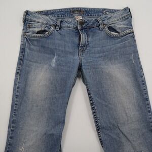 Silver Jeans Aiko Flare Jeans Womens 32 Blue Distressed Raw Hem Mid Rise
